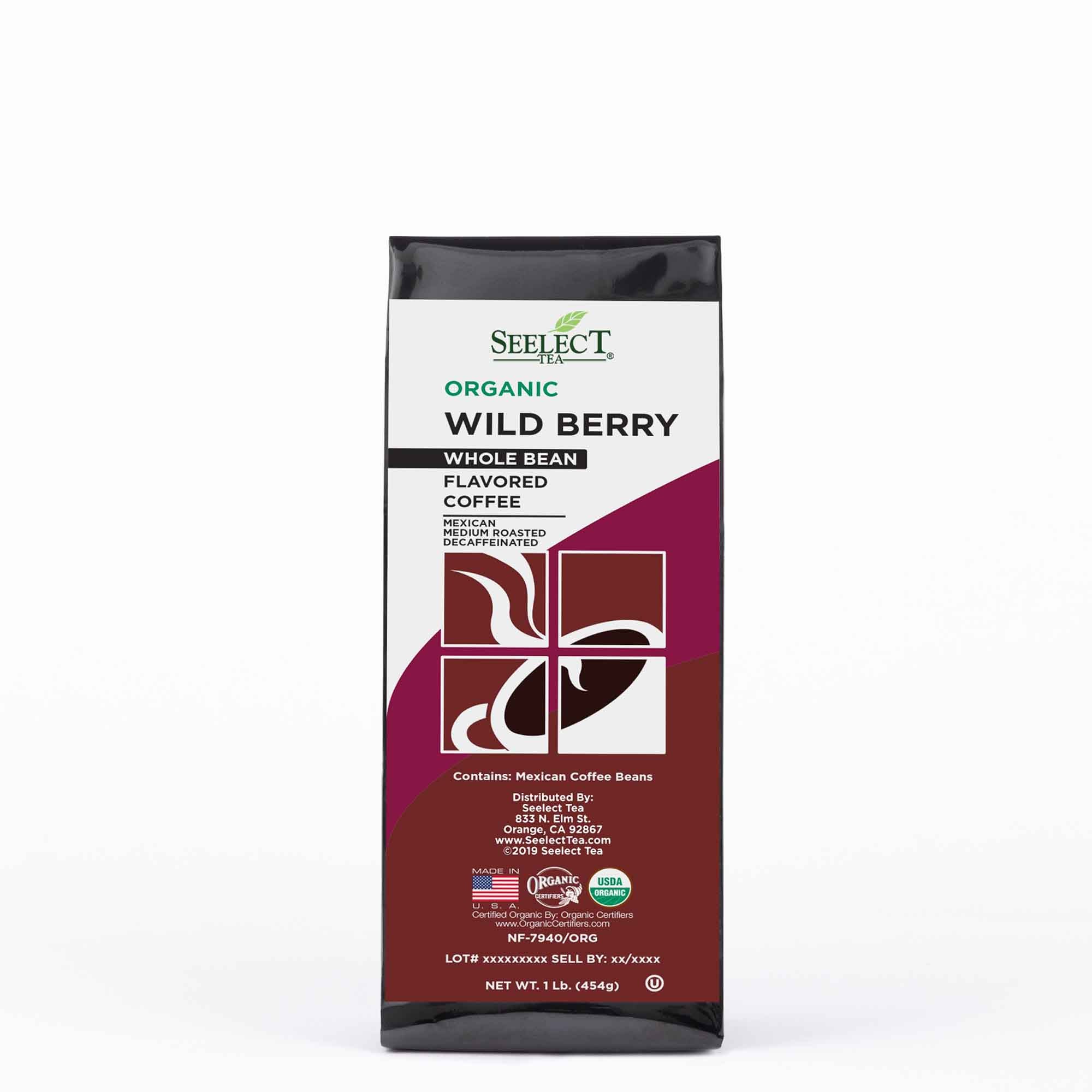 Package of Organic Decaf Wild Berry Flavored Coffee Beans