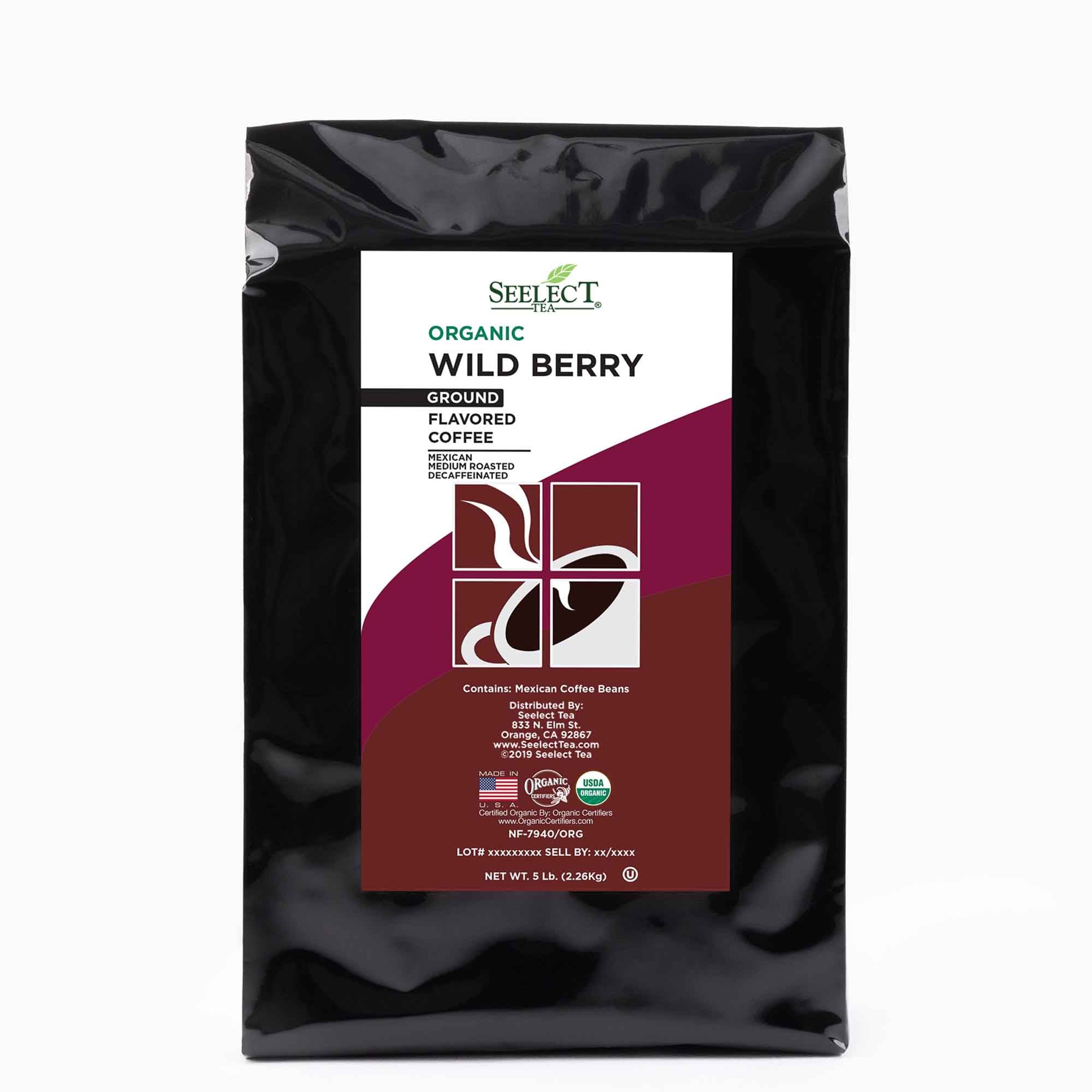Package of Organic Decaf Wild Berry Flavored Coffee Beans