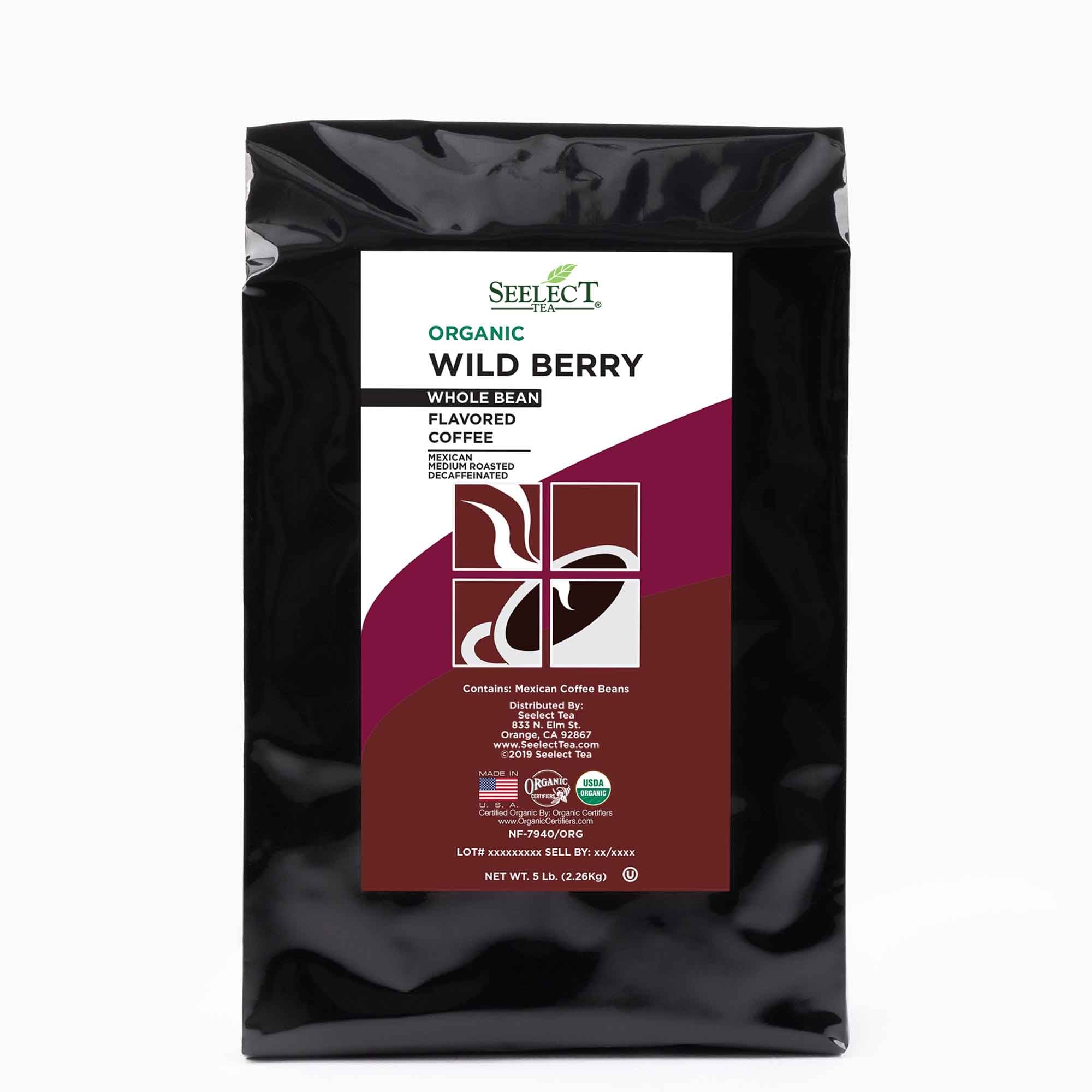 Package of Organic Decaf Wild Berry Flavored Coffee Beans
