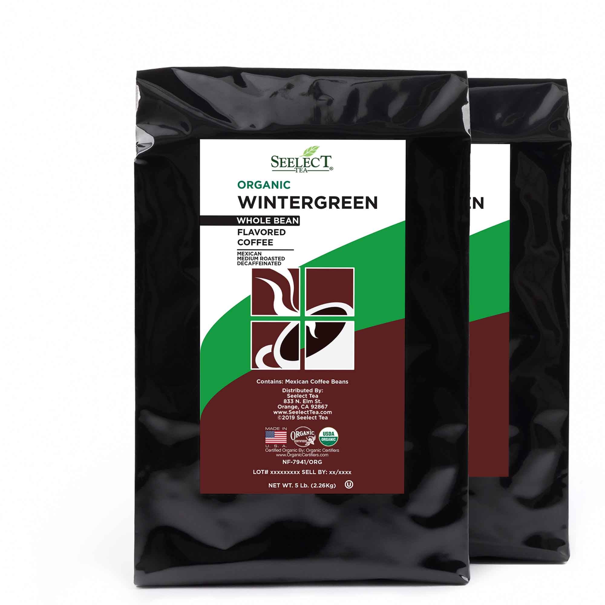 Package of Organic Decaf Wintergreen Flavored Coffee Beans