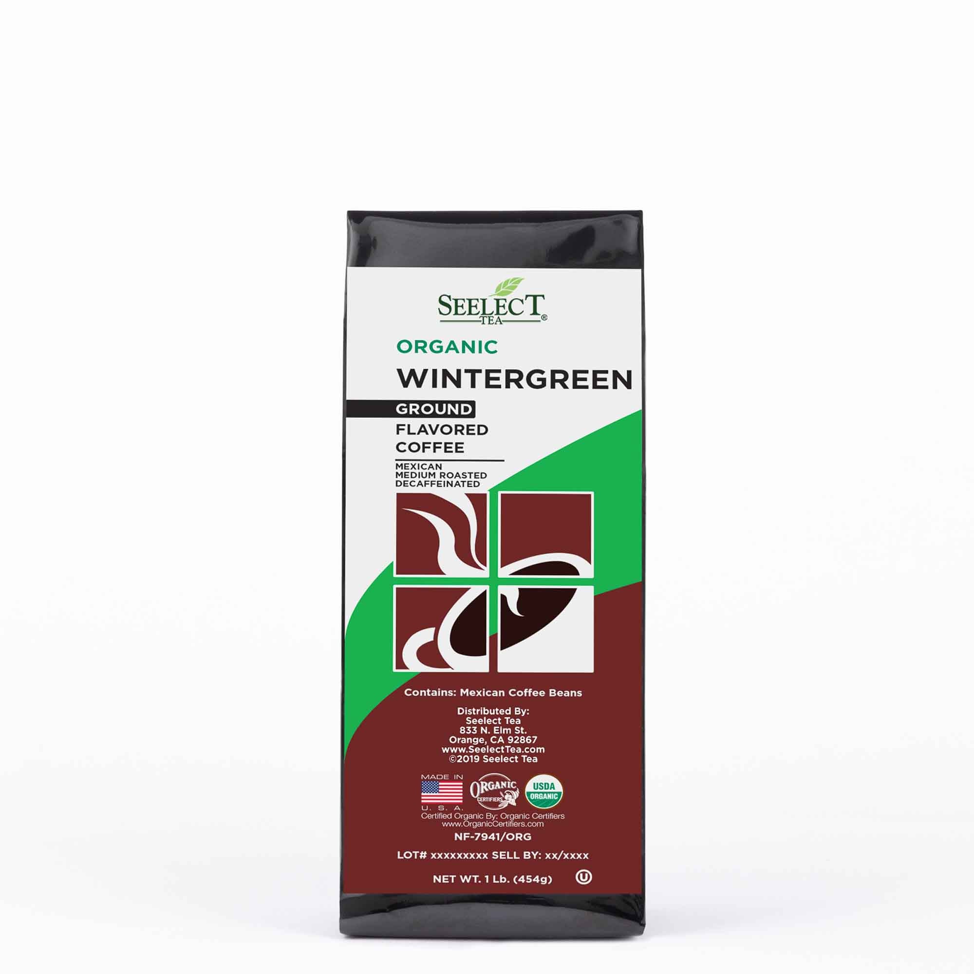 Package of Organic Decaf Wintergreen Flavored Coffee Beans