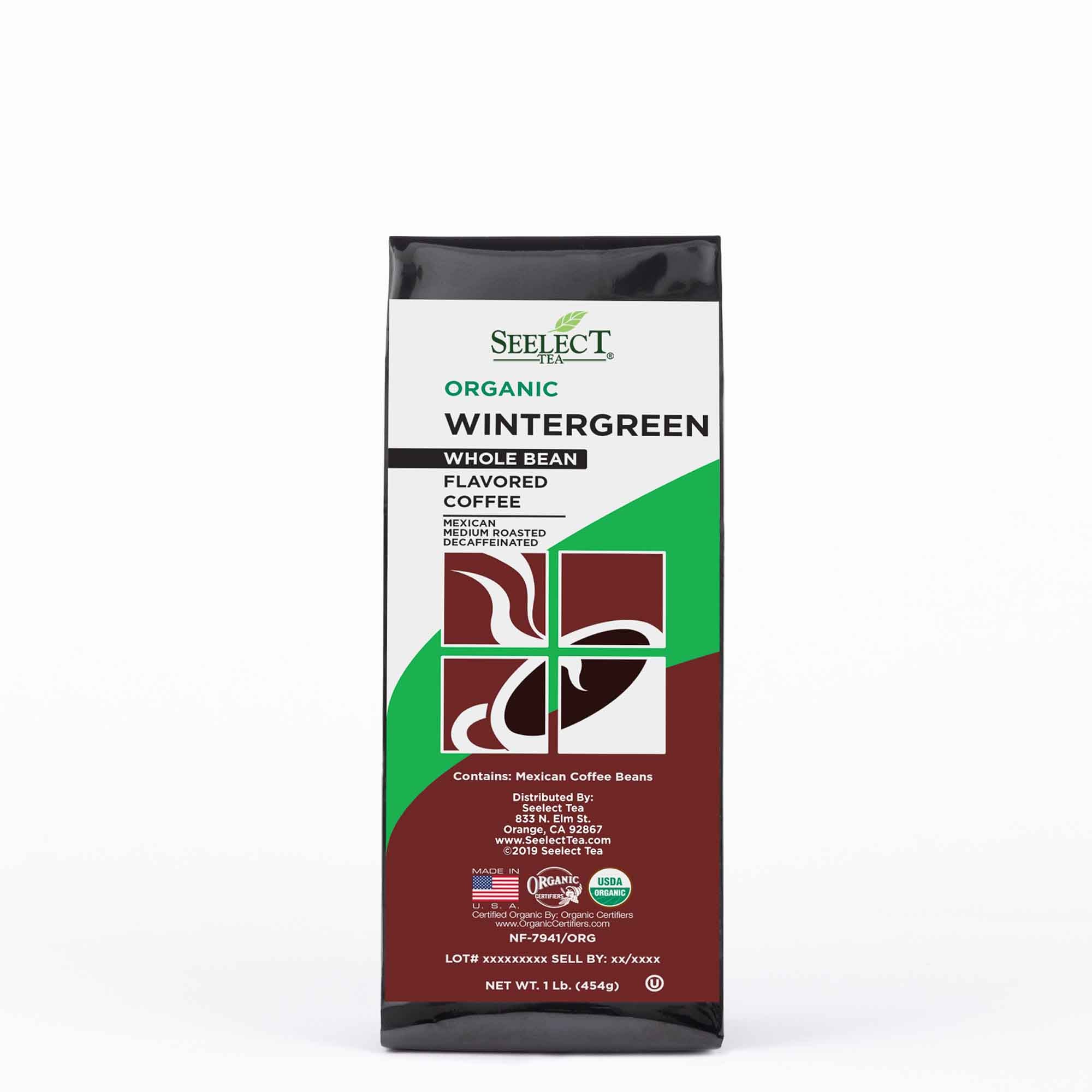 Package of Organic Decaf Wintergreen Flavored Coffee Beans