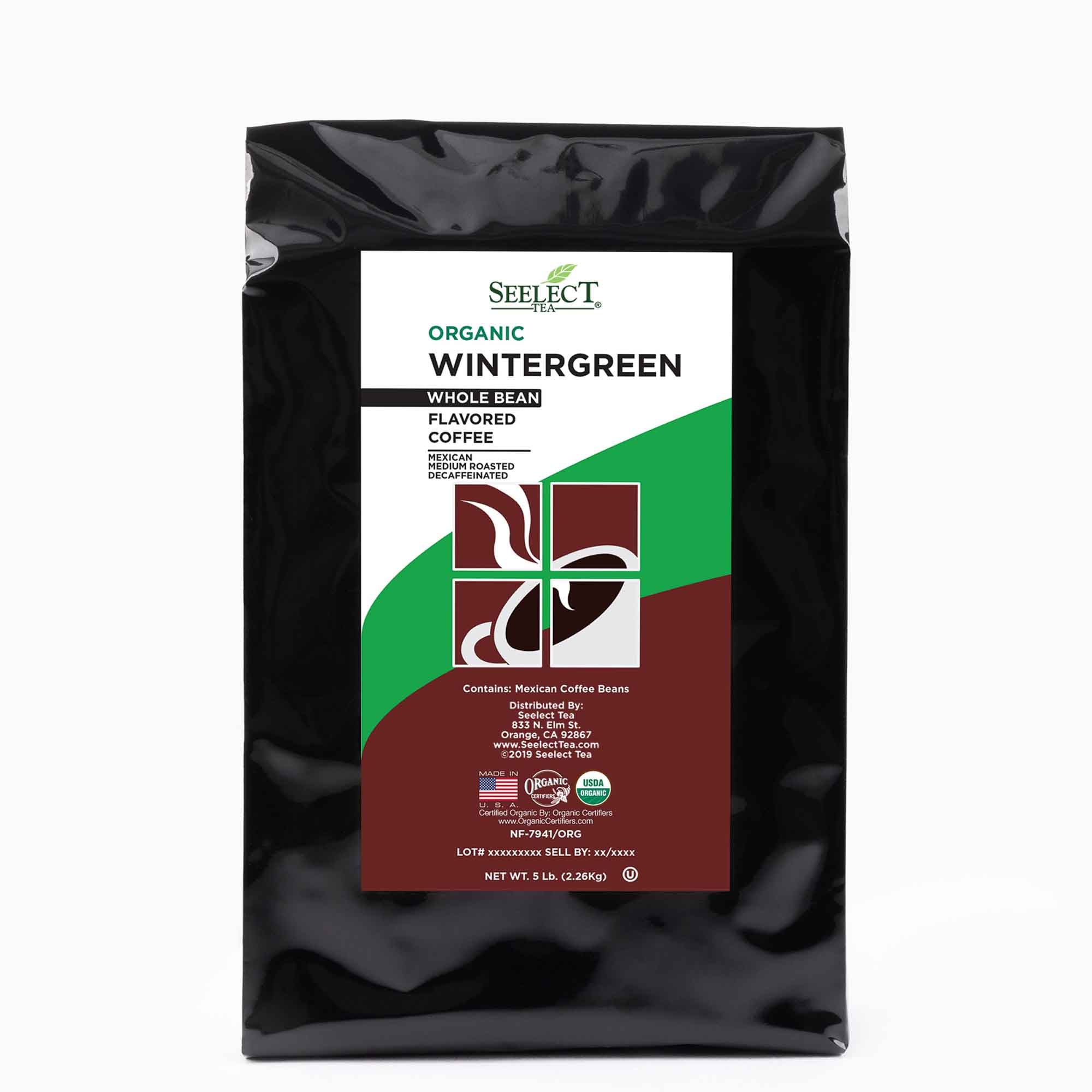Package of Organic Decaf Wintergreen Flavored Coffee Beans