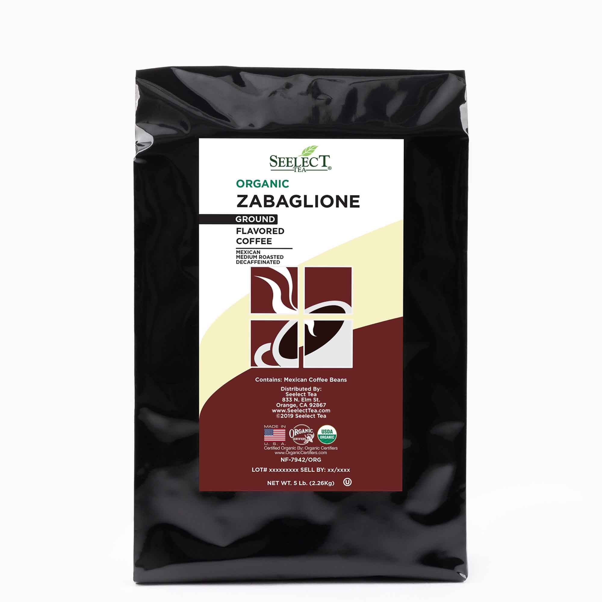 Package of Organic Decaf Zabaglione Flavored Coffee Beans